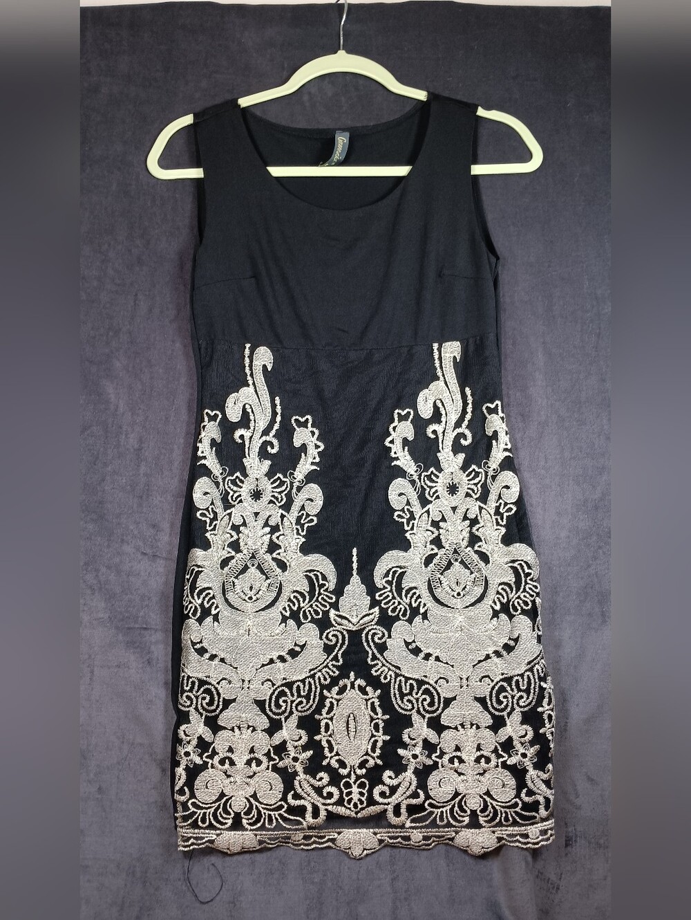 Gamiss Sleeveless Bodycon Black Dress with Ecru Embroidered Detail